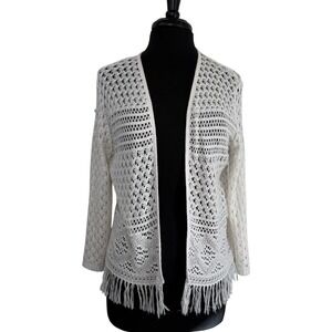 Faded Glory Open Knit Fringe Cardigan XL Cream Boho Western Festival Layering